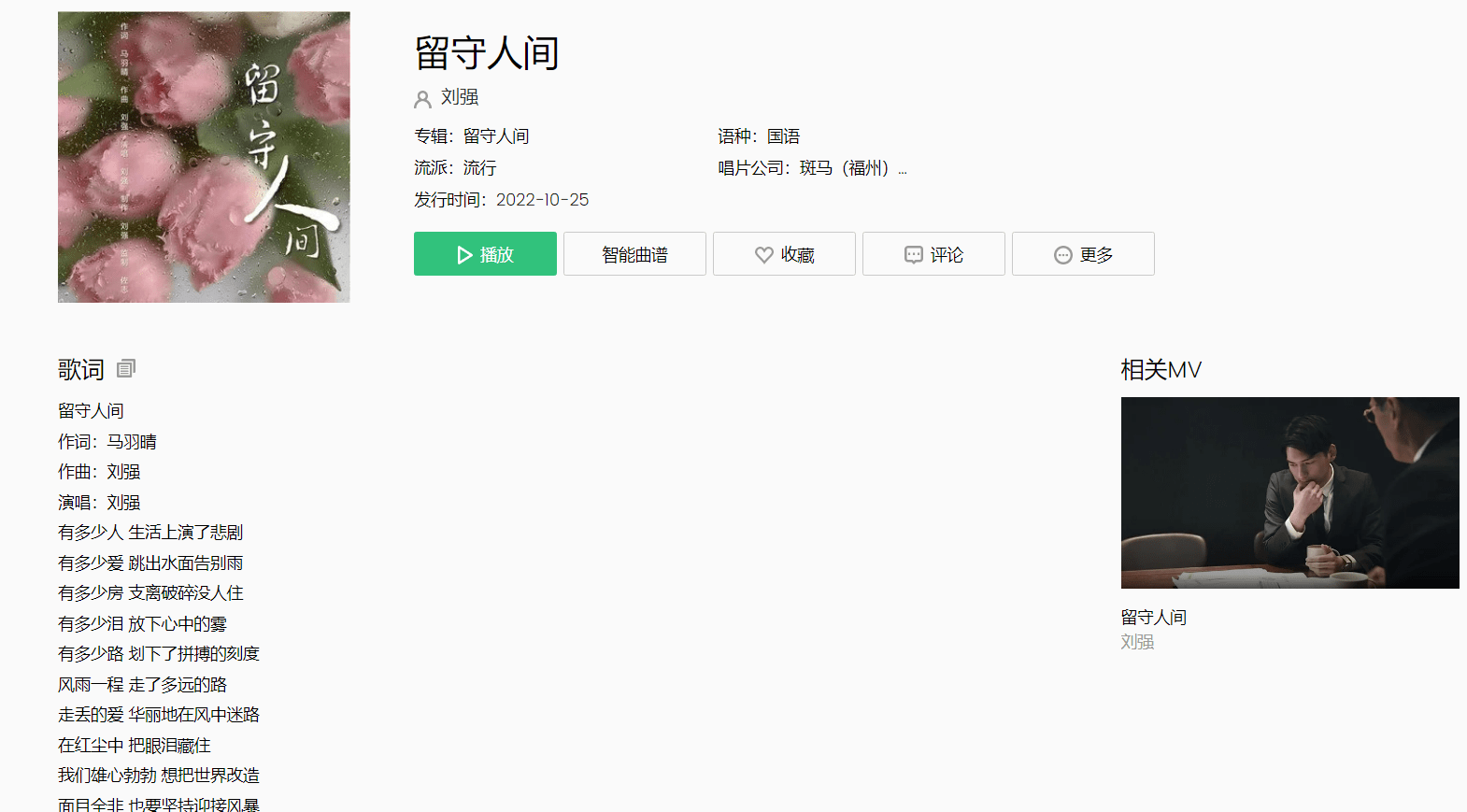 歌曲《留守人间》由厦门佐志音乐制作有限公司制作、斑马（福州）文化传媒有限公司发行，歌曲收录于专辑《留守人间》。